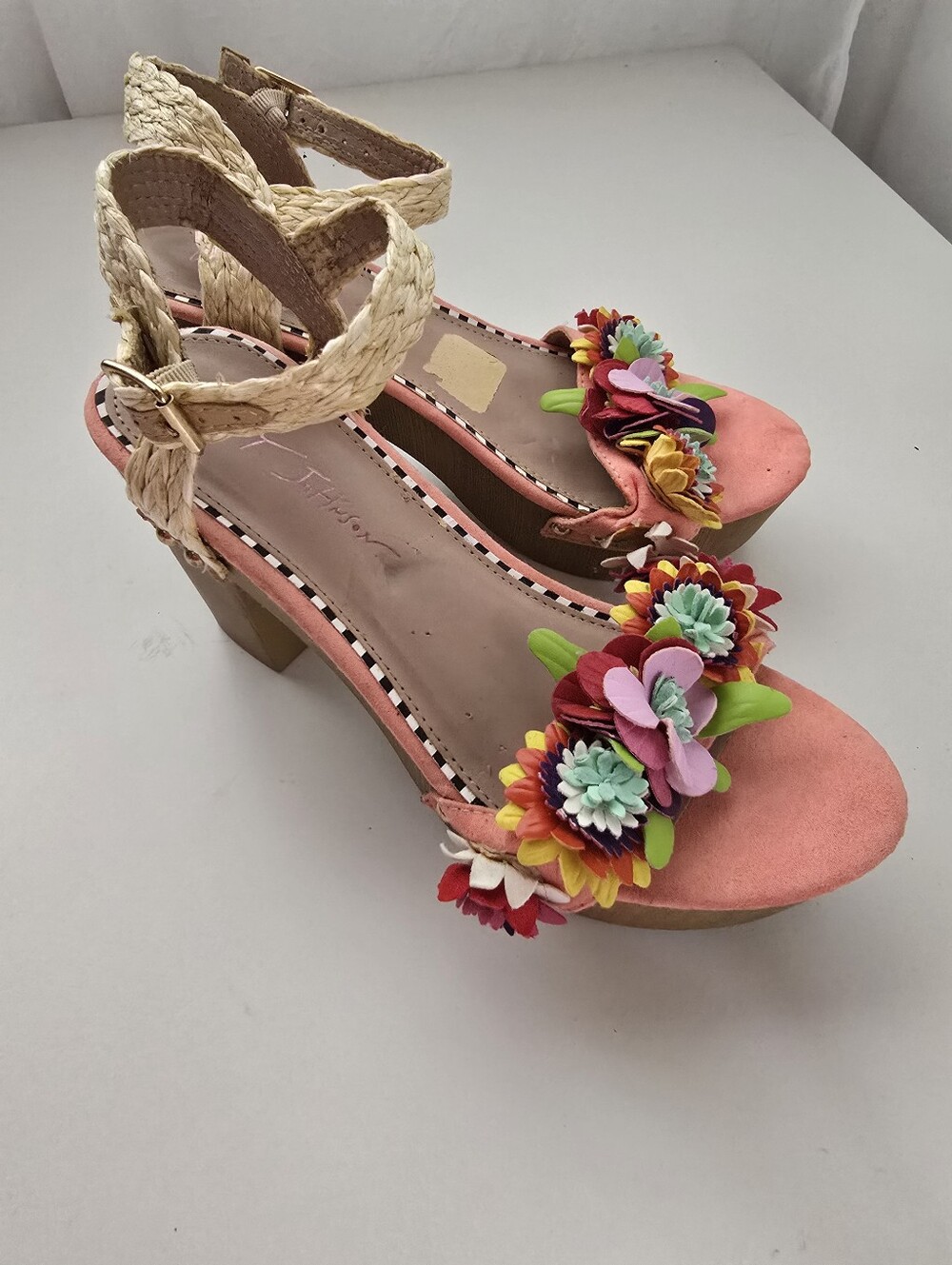 Betsey Johnson Coral Platform Sandals with Multicolor Floral Appliqués - Picture 5 of 16